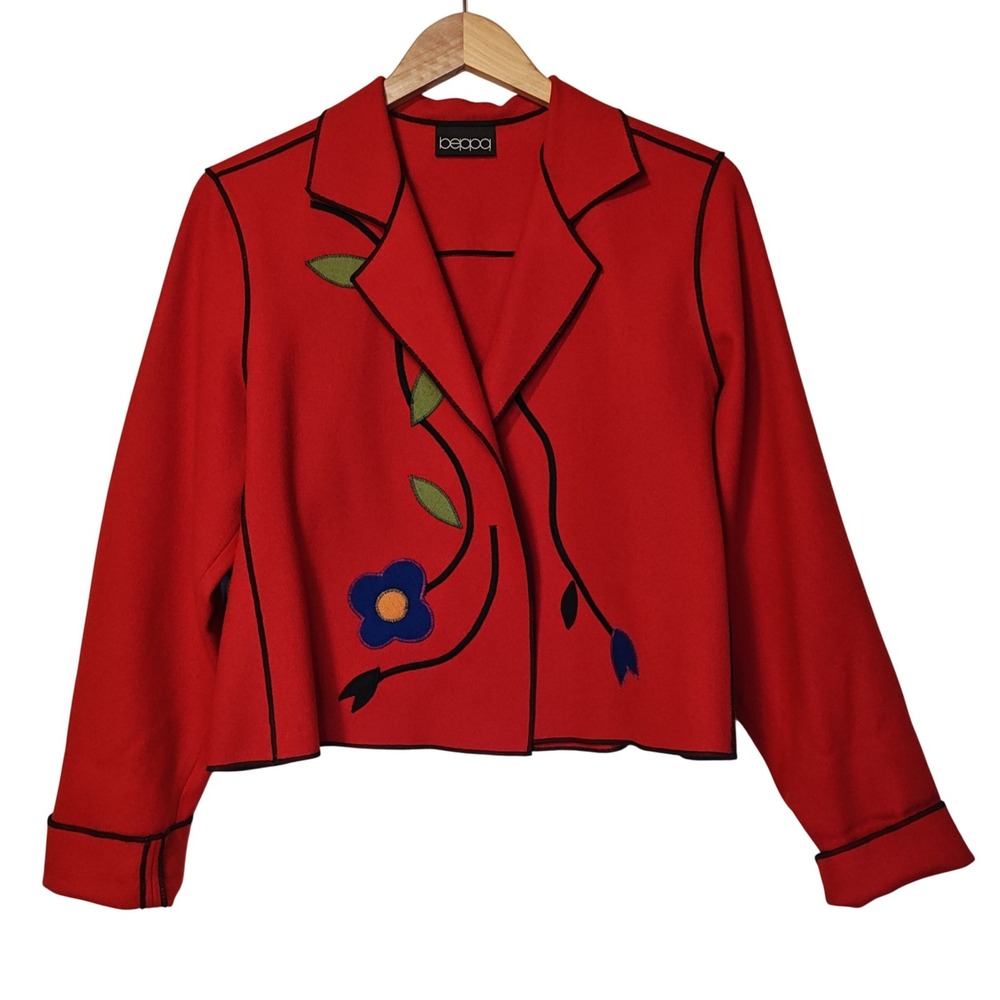 Beppa Boiled Wool Jacket Womens Small Red Floral Embroidered Art to Wear Piping
